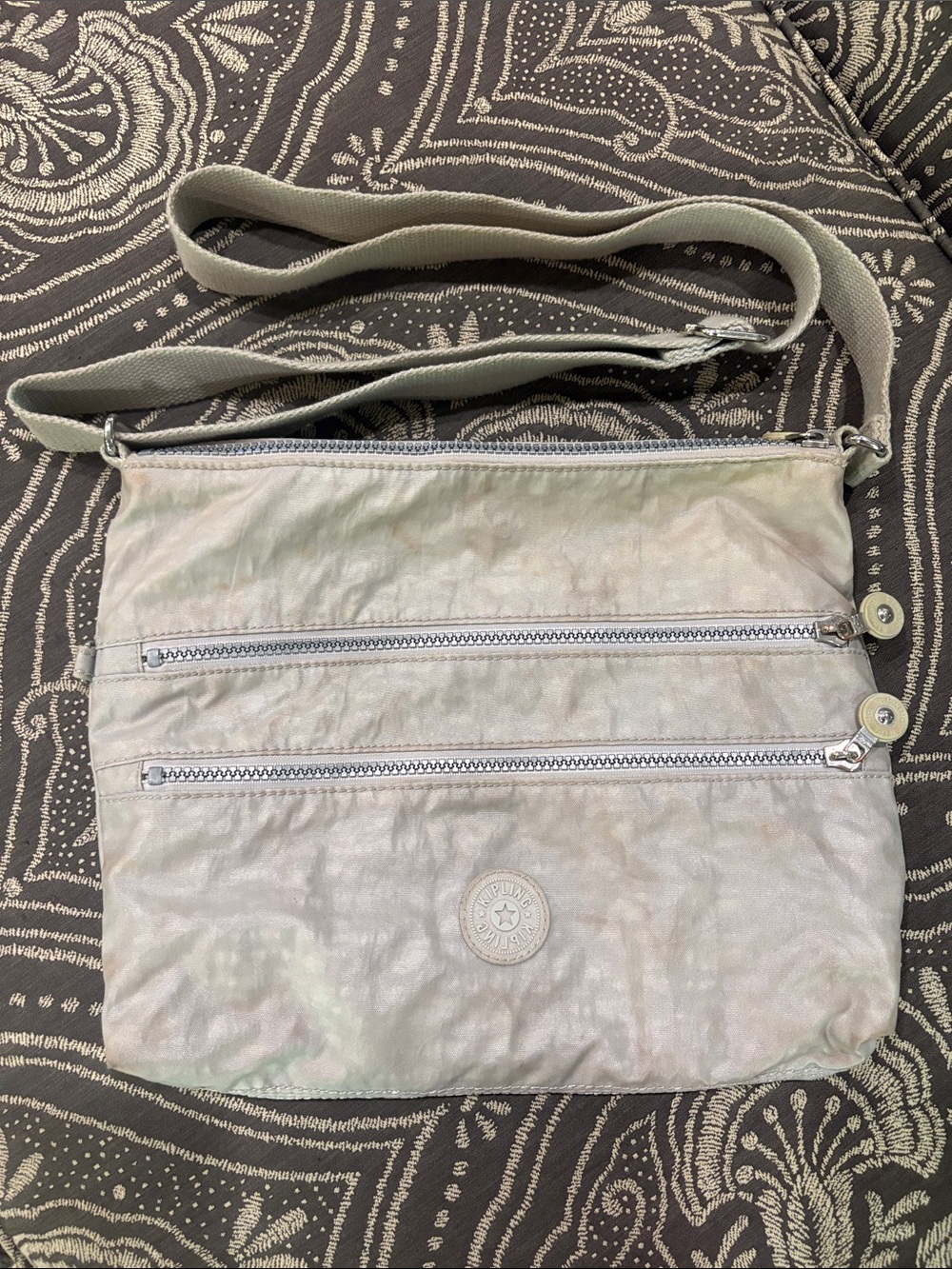 Kipling Light Gray Crossbody with Dual Zip Front Pockets